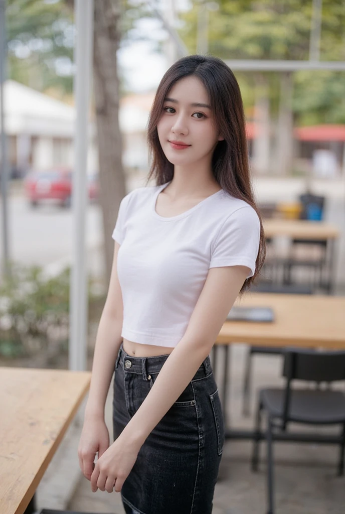  high-res image , Thai Girl ,Chinese face,Beautiful Straight Hair , slender,  medium breasts,  Smiling, seeing white teeth,  wearing a white round neck T-shirt with short sleeves,  Short black pencil denim skirt  , Random pose ,Standing posture,  Moonlight , Place in the cafe ,Bright color scheme during the day,