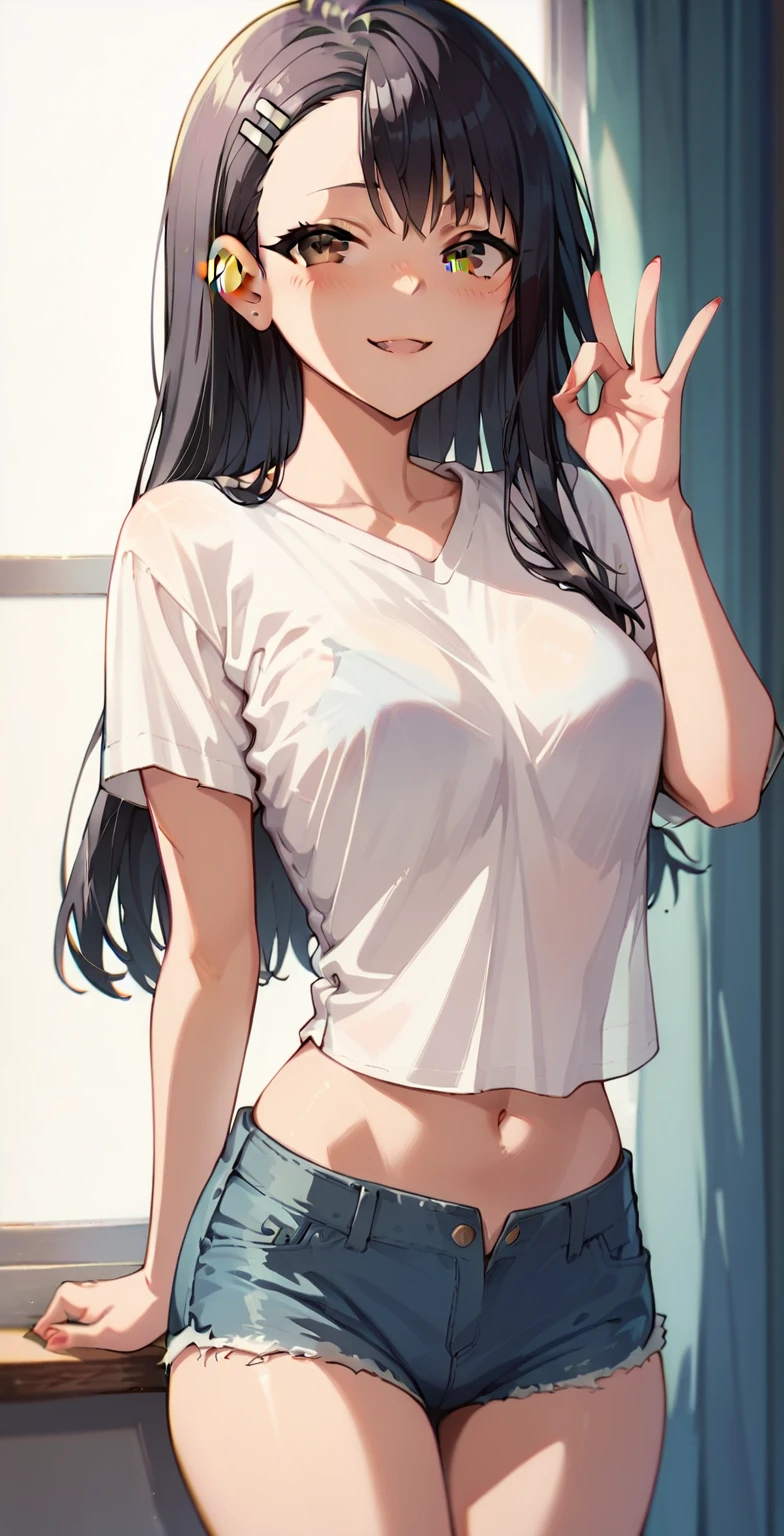 nagatoro :  A cute girl dressed in a t-shirt and short denim shorts,Sensual,    gesture in front of me 