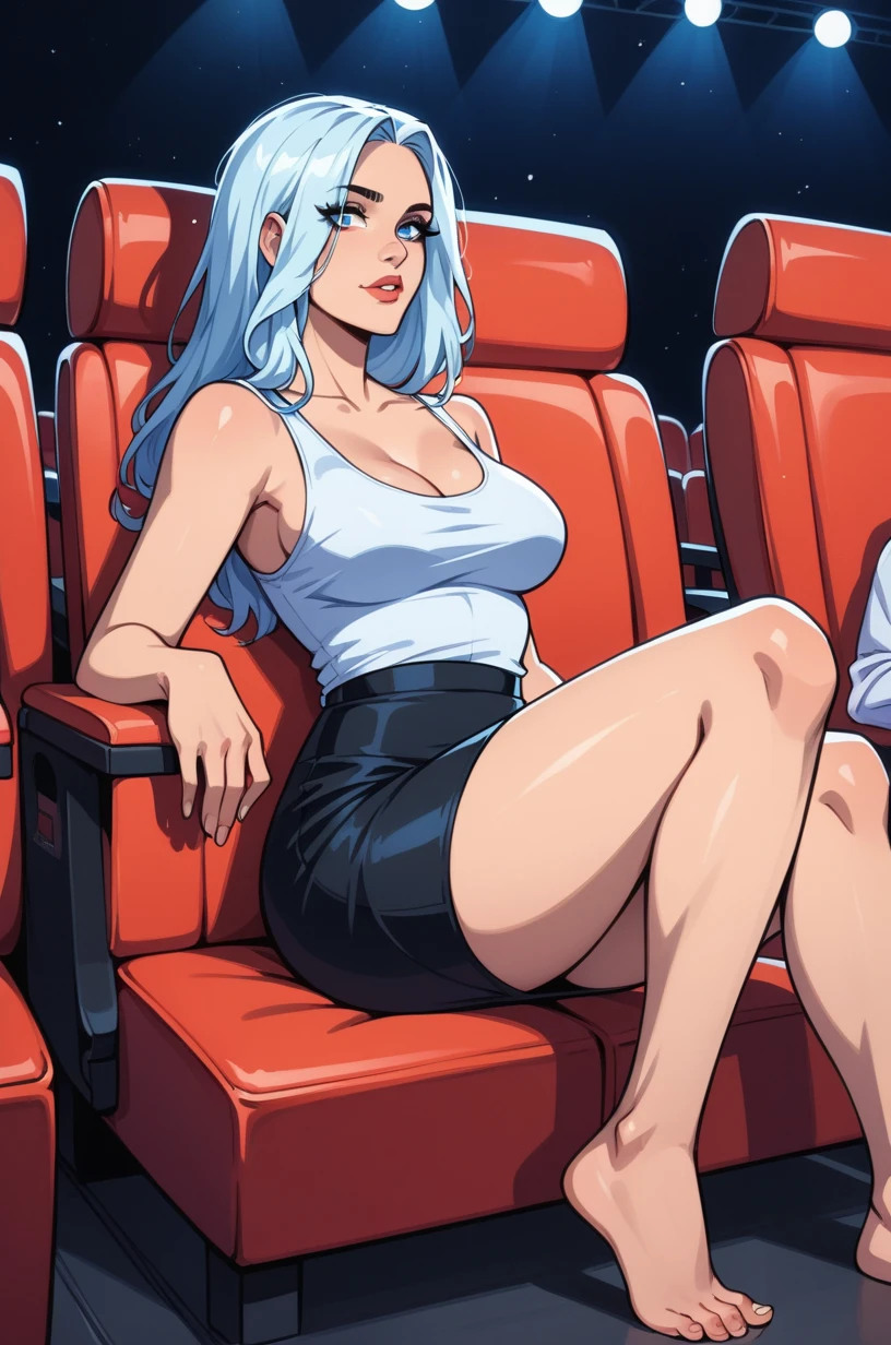   Cartoon of a girl   , Alone, Sensual, scoundrel,   Blue Eyes, (((  long, luminous white hair  )),  white tank top shirt and black pencil mini skirt,  sitting in the movie theater chair ( bare feet on the chair ),medium breast, sorriso scoundrel,  thighs, ( dark movie theater background ),  perfect anatomy 
