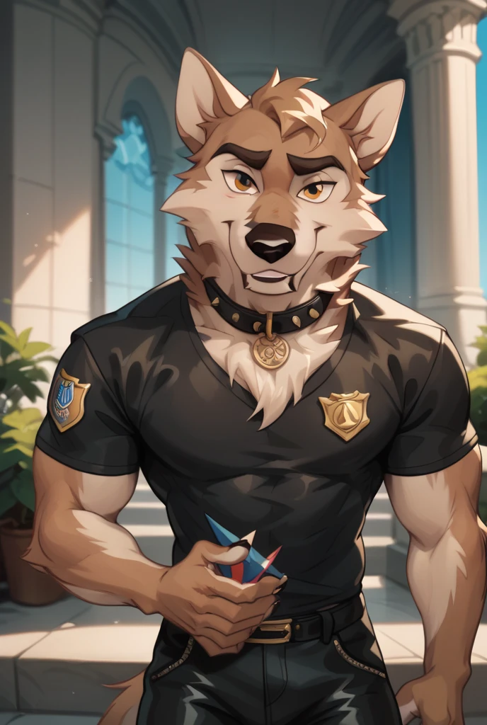 Accurate, High Resolution, Masterpiece, anthropomorphic, furry wolf, wearing a black shirt with the text "anthro unit", black leather collar, badge dog style pov