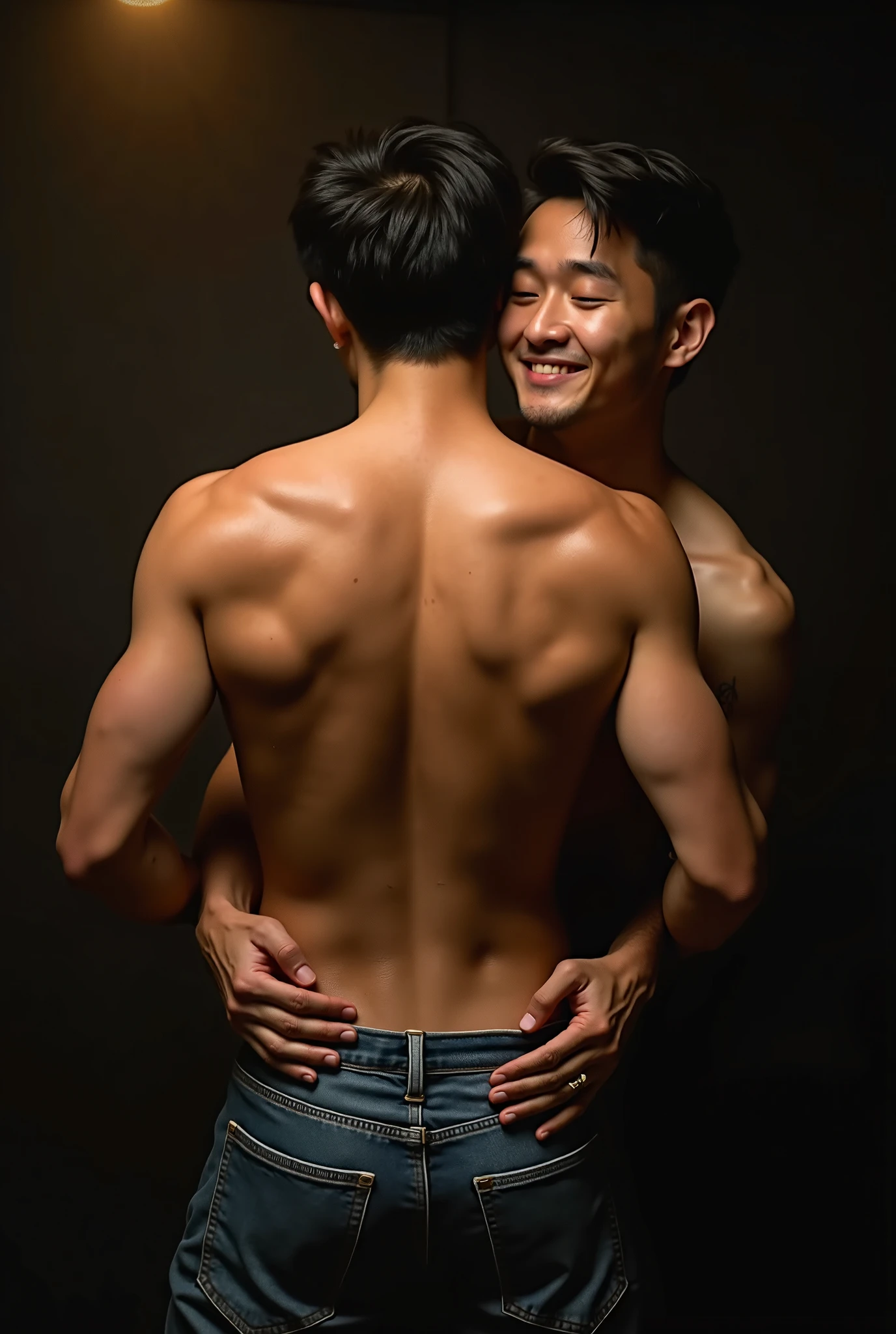 masterpiece, Best Quality, two men, handsome athletic well-dressed 30 year old japanese mafia gangster Man hugging a muscular 30 year old muscular taiwanese hawker man, directly staring at each other romantically, hands stroking face, gentle smile, soft hair, exposed chest, full body, telephoto, super sharp focus, photorealistic, perfect hands, perfect fingers, perfect face, perfection, creative artistic framing, creative artistic angle, hongkong in the 70s setting, cinematic lighting, sexy, gay, homoerotic, scene evokes beautiful emotions of immense love and nostalgia, nostalgic, vintage photography, intricate details, highly detailed, rule of thirds, golden ratio, fill frame