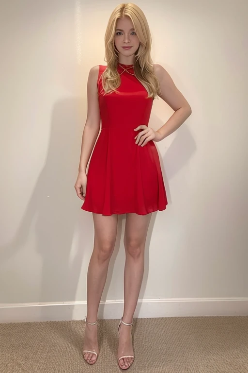 A young woman with short, blonde hair and blue eyes, depicted in an ultra realistic photo style, stands outdoors on a sunny day. She is wearing a sleeveless red very short dress with thin straps, showing her back and shoulders and buttocks. She is smiling and looking over her shoulder with a playful expression, her cheeks slightly blushed. The background features a bright blue sky with a few wispy clouds, a green tree, and a simple building with a small window. The overall color palette is vibrant, with strong contrasts and clear outlines typical of anime illustrations. distant full body view, ultra realistic, vibrant colors, 8k