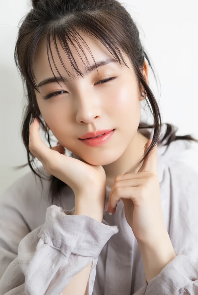  asian woman,Tilt her head , closes one eye,smile,  braids,  pose where you put your hand on your chin,  open your mouth slightly ,biting on own lips, 
winks with one eye at viewer