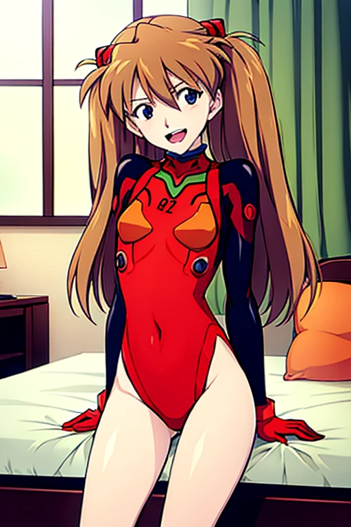 (( top quality )), ((masterpiece)), (be familiar with),  perfect face, indoor, bedroom,  Watching Viewers ,
One woman,  Soryu Asuka Langley,
 open mouth,  ecstatic expression beside the piano, blush, smile,
 small tits,  flat chest, Young girl, Lori,  s,  girl,
 long hair,  twin tails,
Leg spread,