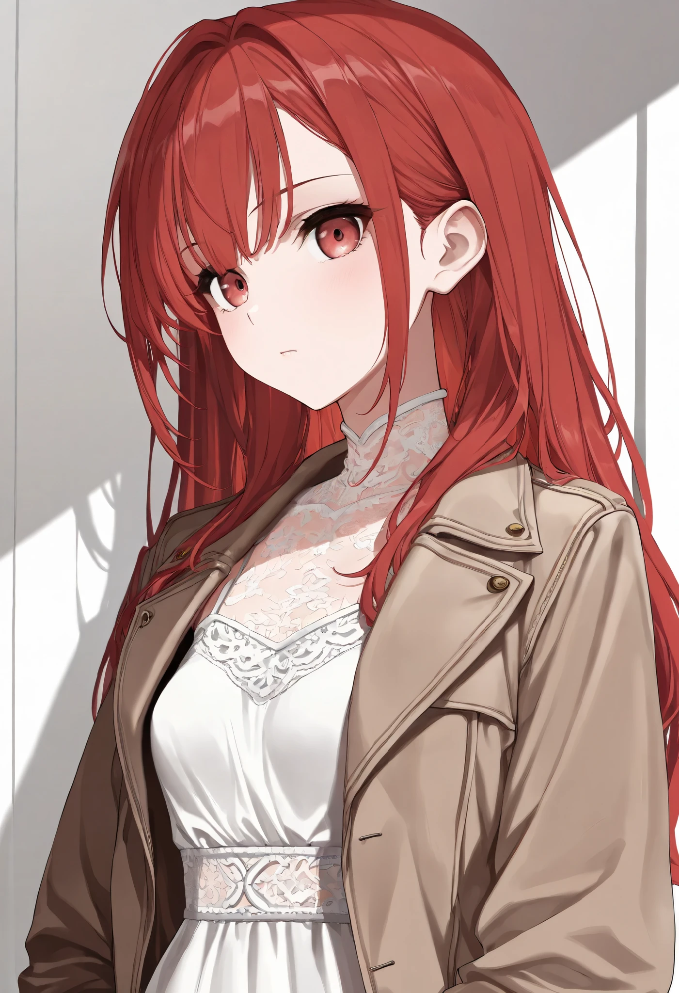  Character Portrait,(8k, best quality, masterpiece:1.2),\(Eye details\),\(Facial features details\),(\( clothing details\)\),(1 girl),Wakaba Mutsumi ,(crimson red hair:1.3),small breasts,silm waist,(brown jacket:1.2),(white lace dress:1.1)