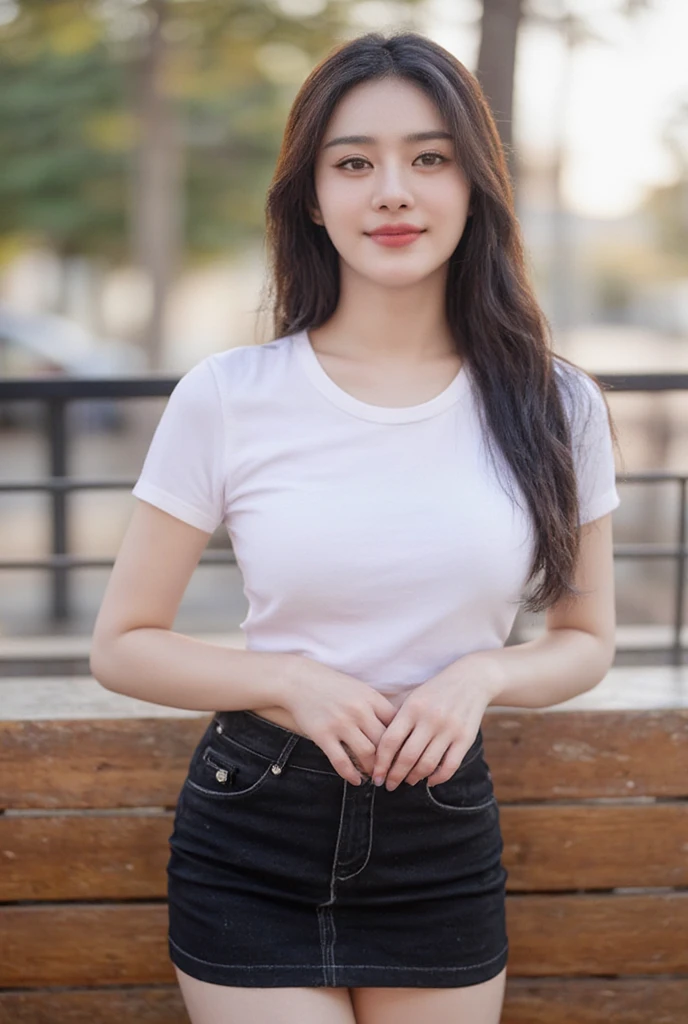  high-res image , Thai Girl ,Chinese face,Beautiful Straight Hair , slender,  medium breasts,  Smiling, seeing white teeth,  wearing a white round neck T-shirt with short sleeves,  Short black pencil denim skirt  , Random pose ,Standing posture, Sexy poses, Moonlight , Place in the cafe ,Bright color scheme during the day,