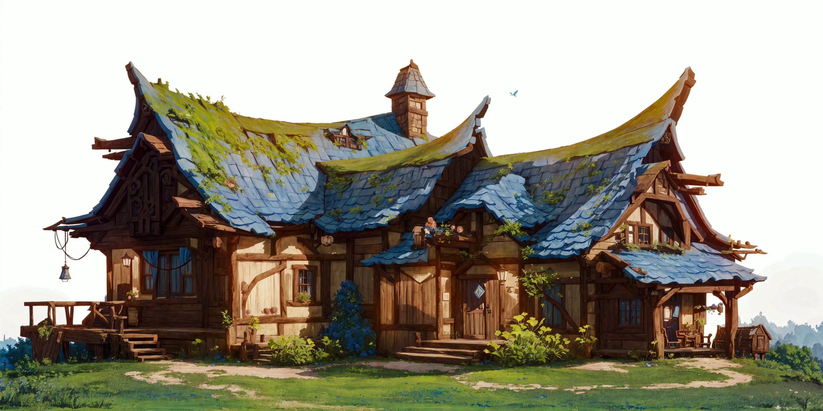  has a small house with a blue roof，There's also a blue roof , Dream House, Background Art, Fantastic 2D concept art ,  Stylized Conceptual Art ,  from a veteran environmental artist ,   conceptual art very detailed  , Cottage, andreas rocha style, author Ryan Yee, House background, Background Artwork,  a beautiful art illustration , idyllic Cottage,  colorful conceptual art , author：The J