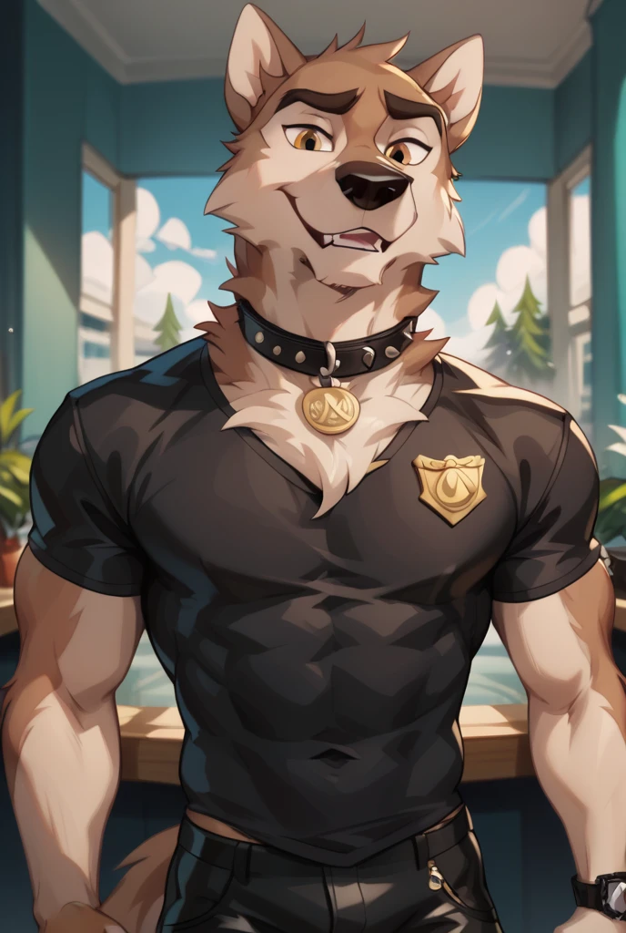 Accurate, High Resolution, Masterpiece, anthropomorphic, furry wolf, wearing a black shirt with the text "anthro unit", black leather collar, badge dog style pov