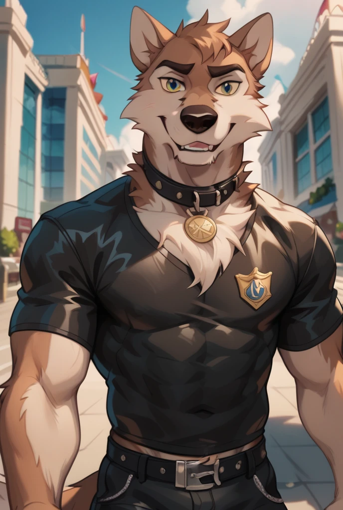 Accurate, High Resolution, Masterpiece, anthropomorphic, furry wolf, wearing a black shirt with the text "anthro unit", black leather collar, badge dog style pov