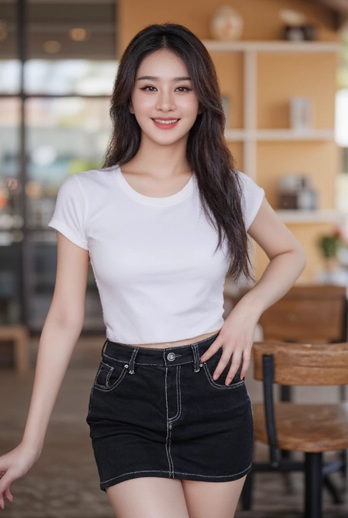  high resolution , Thai Girl ,Chinese face,Beautiful Straight Hair , slender,  medium breasts,  Smiling, seeing white teeth,  wearing a white round neck T-shirt with short sleeves,  Short black pencil denim skirt  , Random pose ,Standing posture, Sexy poses, Moonlight , Place in the cafe ,Bright color scheme during the day,