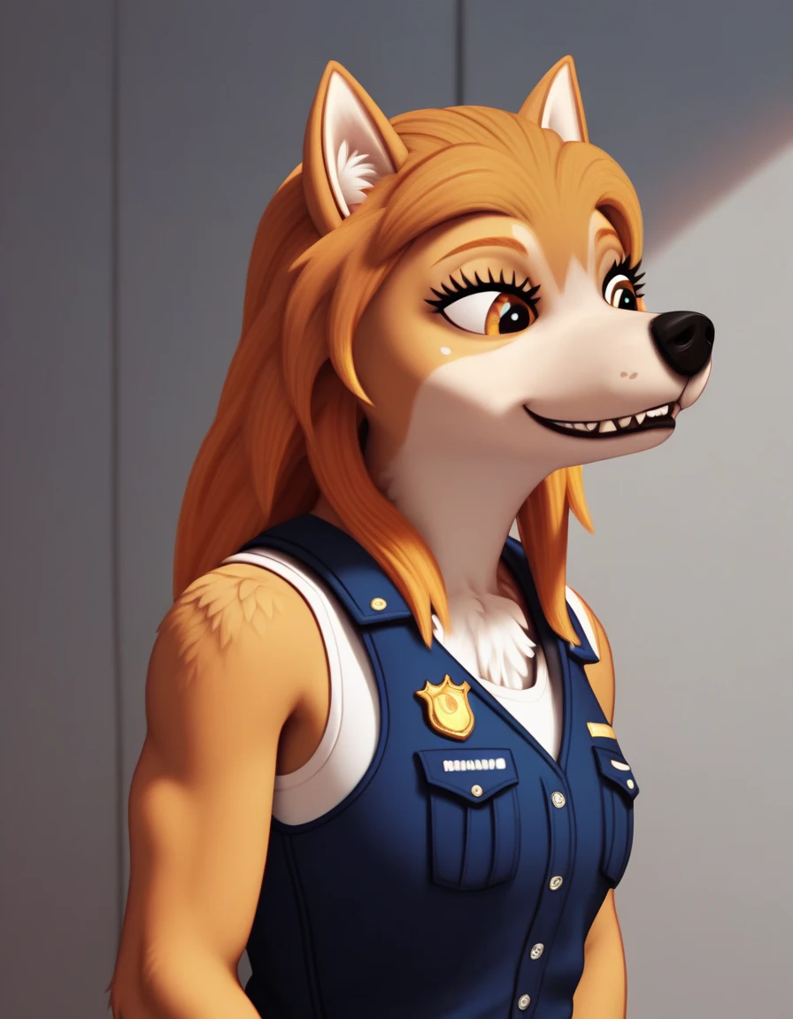 wolf, Anthro, lineart, black_police_dog_vest, sniffing_boxes_in_airport_cargo_room, Long Hair, 1girl, 1girl, Masterpiece, Accurate, High Resolution, 