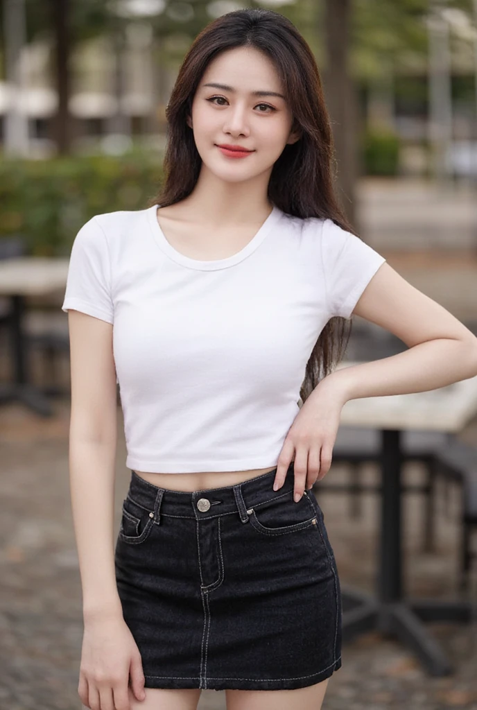  high resolution , Thai Girl ,Chinese face,Beautiful Straight Hair ,  delicate face and eyes ,slender,  medium breasts,  Smiling, seeing white teeth,  wearing a white round neck T-shirt with short sleeves,  Short black pencil denim skirt  , Random pose ,Standing posture, Sexy poses, Moonlight , Place in the cafe ,Bright color scheme during the day,