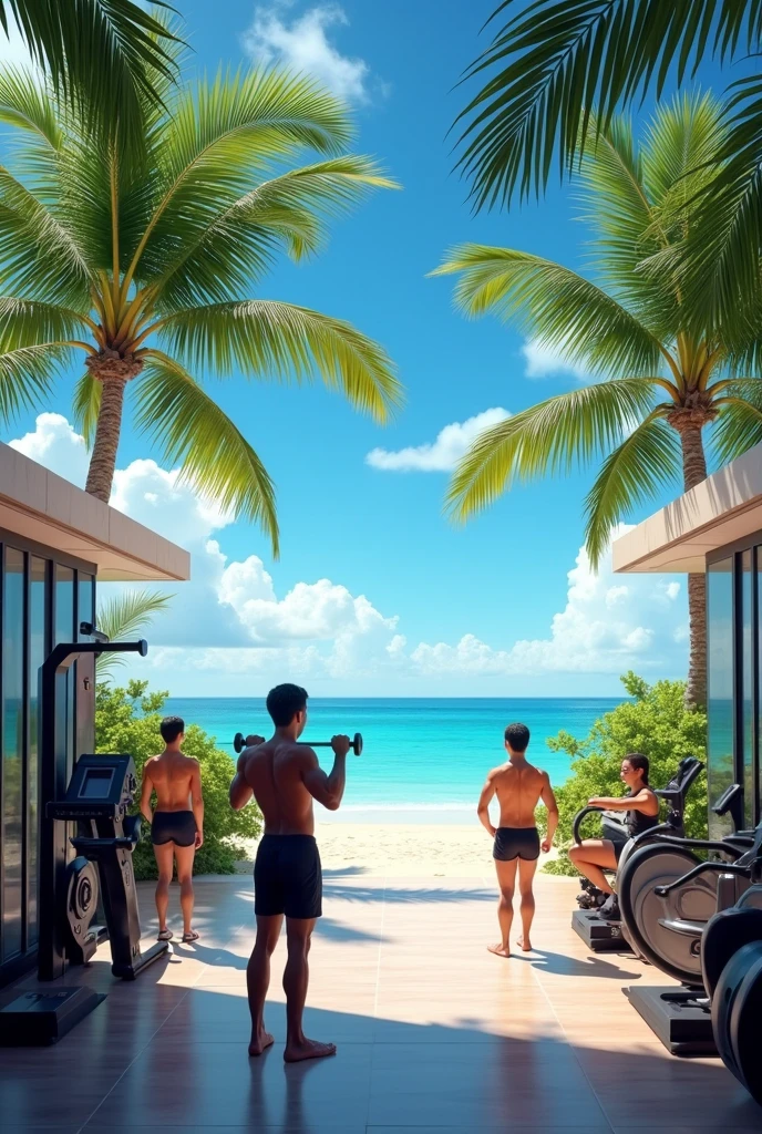 Gym with calisthenics bars and dumbbells in the courtyard of a modern mansion