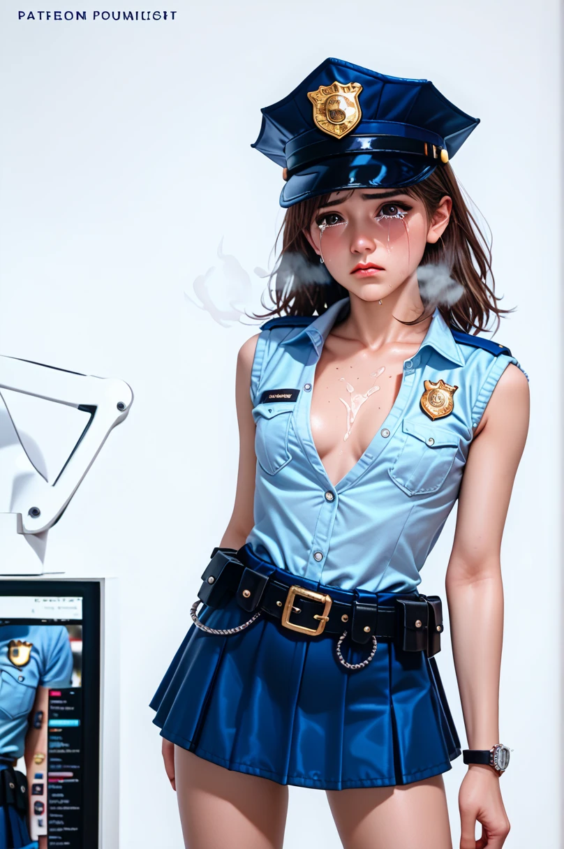  One girl ,Achika Lisa,( viewers:1.0),( slender body:1.2),(Blushed face:1.0),real skin ,small breasts,  shiny hair ,  Super Detailed Black Eyes,( Equipped Police Belt :1.5),( watch ),( frontal shot:1.2),24K,(Standing in a sexy pose:1.2),( Sexy Expression:1.2),( I have tears in my eyes:1.2),(Overbreathing:1.5),(mini length police skirt:1.2),(rolled up sleeveless police shirt ),Captivating thighs,( unmanned white background in the center of the screen:1.5),(Naturally :1.0),(( real:1.0)),(( realistic :1.0)),((Piece on chest :1.5)),(( cowboy shot:1.5))