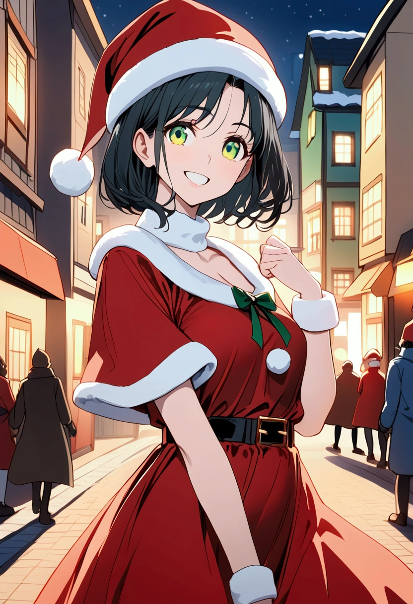 {{{masterpiece}}}, {{{ top quality }}}, {{ Ultra Detailed}}, { beautiful,  detail eyes},  One girl , Alone, (( black hair)),  bob cut, (( green eyes)), (wavy hair ), (pattsun maegami),  (cute santa hat), かわいいSanta clothes, has a smiling face,tooth,pattsun maegami,Midea,Santa clothes, jade colored eyes,Winter Town ,night
