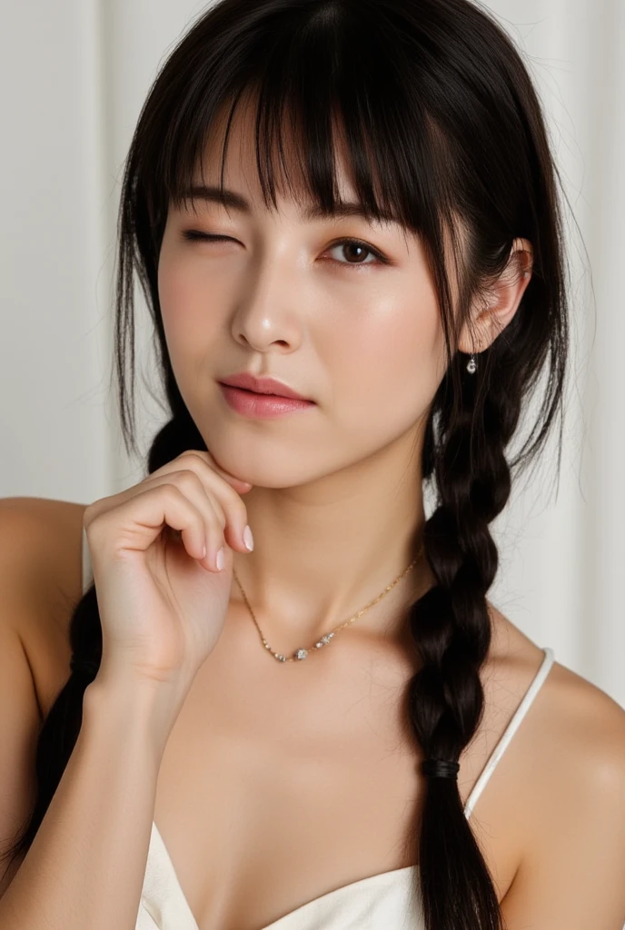  asian woman,Tilt her head , closes one eye,smile,  braids,  pose where you put your hand on your chin,  open your mouth slightly ,biting on own lips, 
winks with one eye at viewer