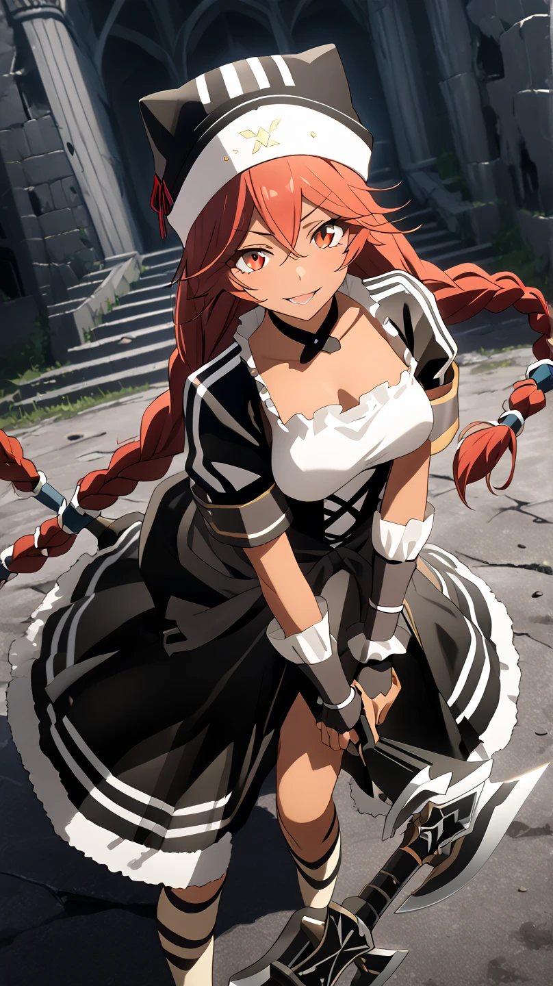  8K ultra HD,  High Quality ,  film grain,  FUJIFILM XT3、最 High Quality , masterpiece,  high res, anime picture ,two-dimensional
red eyes,  red hair,  braids,,  wearing a black beast ear hat, big weapon( battle axe carrying)A weapon like a , One girl , solo, Dark Skin, brown skin, adult woman, Beautiful Women,Beauty, sadist,Model body type
nights,Abandoned castle
,  black maid clothes, short sleeve/gauntlet,  white knee-high ,  choker , black long skirt, close-up, look, Medium build,accurate,  High Details,  retina,,  won numerous awards,  high angle,  slightly larger breasts, angle from directly above, on all fours,Place your hands on the ground
Open your mouth slightly,  seductive smile