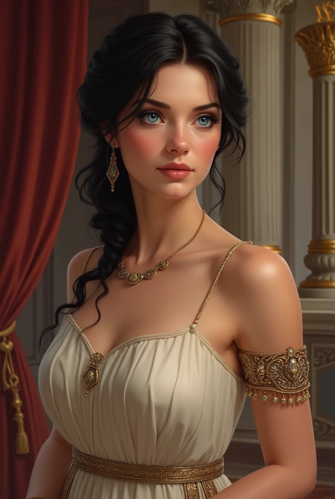 a beautiful topless Etruscan woman, detailed face and skin, flawless porcelain skin, long wavy dark hair, large bust, elegant posture, intricate jewelry, dramatic lighting, photorealistic, cinematic composition, rich color palette, chiaroscuro effect, oil painting, warm tones