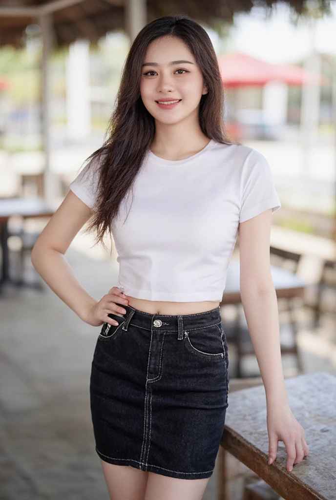  high resolution , Thai Girl ,Chinese face,Long brown hair ,  delicate face and eyes ,slender,  medium breasts,  Smiling, seeing white teeth,  wearing a white round neck T-shirt with short sleeves,  Short black pencil denim skirt  , Random pose ,Standing posture, Sexy poses, Moonlight , Place in the cafe ,Bright color scheme during the day,