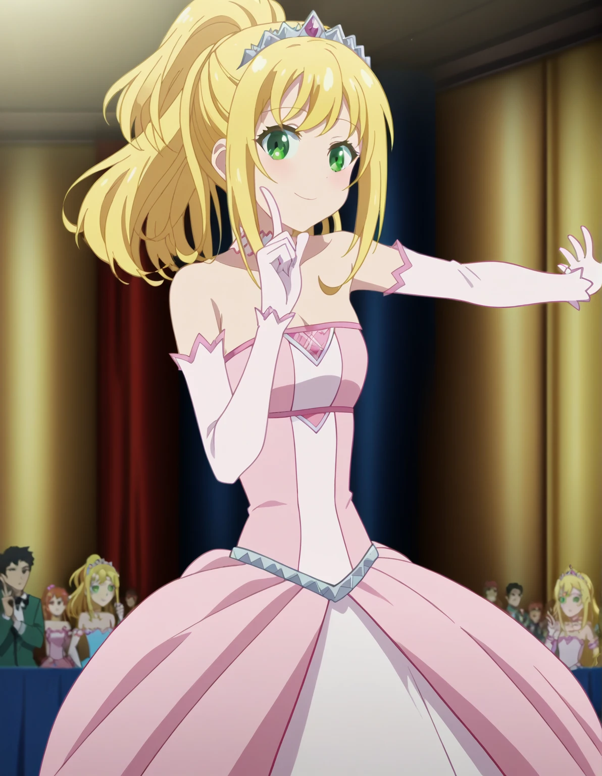 score_9, score_8_up, score_7_up, source_anime, liliana heiligh, long hair, bangs, blonde hair, green eyes, ponytail, anime screencap, gloves, dress, detached sleeves, choker, strapless, tiara, pink dress, strapless dress, pink sleeves, stage, curtains, spotlight, audience, microphone, smile, hoshino ruby dance, finger wagging, index finger raised, dancing, outstretched arm,, looking at viewer, solo,, dutch angle, cowboy shot