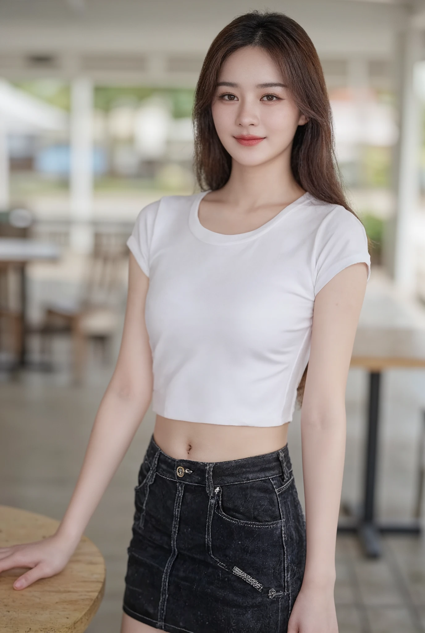  high resolution , Thai Girl ,Chinese face,Long brown hair ,  delicate face and eyes ,slender,  medium breasts,  Smiling, seeing white teeth,  wearing a white round neck T-shirt with short sleeves,  Short black pencil denim skirt  , Random pose ,Standing posture, Sexy poses, Moonlight , Place in the cafe ,Bright color scheme during the day,