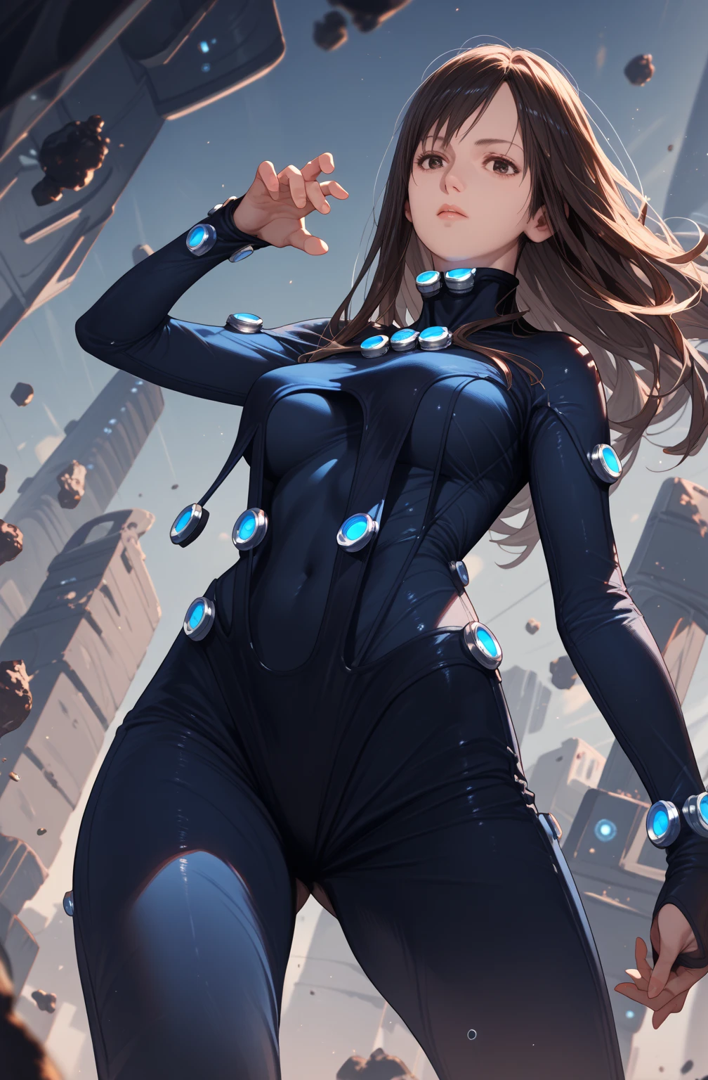 Reika shimohira in gantz costume, dynamic pose, dynamic angle
