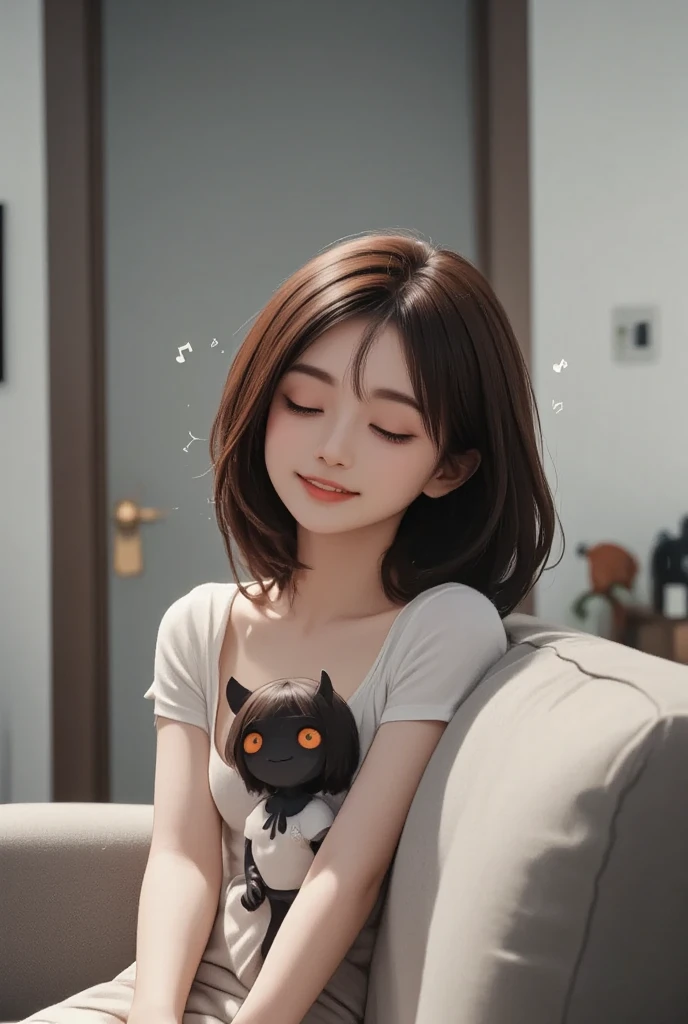 A woman dozing off on the sofa, a cute little demon sitting on her chest and waving with a smile, cute dream-like illustration art, ultra detailed, absolutely resolution, masterpiece