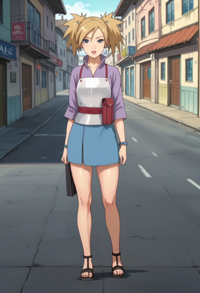 Official_art, anime screencap, perfect body, perfect Hips, beautiful legs, beautiful face, hdr, high Quality, masterpiece, source_anime, ratings_explicit, TemariNS, blonde quad tails, blue eyes, 1girl, female focus, anime screencap, miniskirt, sandals, sexy legs, tiny sk