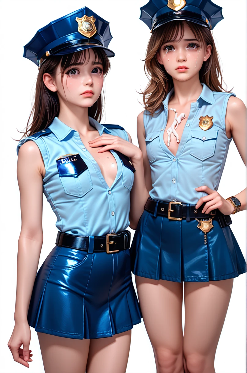  One girl ,Achika Lisa,( viewers:1.0),( slender body:1.2),(Blushed face:1.0),real skin ,small breasts,  shiny hair ,  Super Detailed Black Eyes,( Equipped Police Belt :1.5),( watch ),( frontal shot:1.2),24K,(Standing in a sexy pose:1.2),( Sexy Expression:1.2),( I have tears in my eyes:1.2),(Shake it up:1.5),(mini length police skirt:1.2),(rolled up sleeveless police shirt ),Captivating thighs,( unmanned white background in the center of the screen:1.5),(Naturally :1.0),(( real:1.0)),(( realistic :1.0)),((Piece on chest :1.5)),(( cowboy shot:1.5))