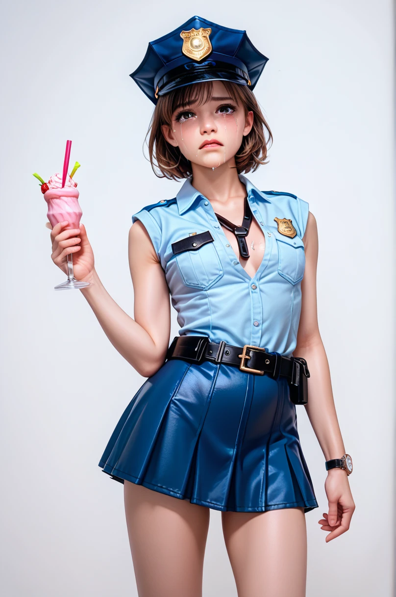  One girl ,Achika Lisa,( viewers:1.0),( slender body:1.2),(Blushed face:1.0),real skin ,small breasts,  shiny hair ,  Super Detailed Black Eyes,( Equipped Police Belt :1.5),( watch ),( frontal shot:1.2),24K,(Standing in a sexy pose:1.2),( Sexy Expression:1.2),( I have tears in my eyes:1.2),(Shake it up:1.5),(mini length police skirt:1.2),(rolled up sleeveless police shirt ),Captivating thighs,( unmanned white background in the center of the screen:1.5),(Naturally :1.0),(( real:1.0)),(( realistic :1.0)),((Piece on chest :1.5)),(( cowboy shot:1.5))