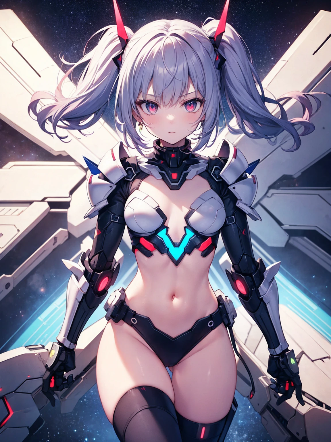 ((((masterpiece, best quality, high resolution)))), 1girl, nude, white hair, red eyes, short wavy hair, average breasts, wet pussy, blush, ahegao, angry, glow, thighs, bare shoulders, collarbone, narrow waist, cleavage, (beautiful detailed face, beautiful detailed eyes), OrigFullArm, full armed, cape, mechanical armor, highleg leotard, Origleotard, thighhighs, breasts exposed, naked, unclothed