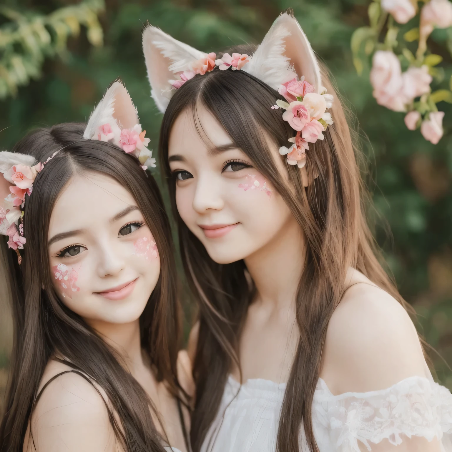 2 girl, Solo, Long Hair, Looking at viewer, Smile, Blush, Short Hair, Open Mouth, Cat Ears, Fox Ears, Very Long Hair, Parted Lips, F/1.2, Facepaint, flower Hair Ornament, Reflection Light, Photorealistic,  wearing goddes silky fabric