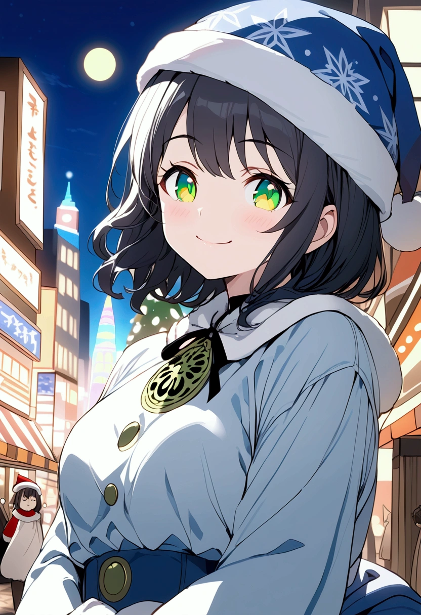 {{{masterpiece}}}, {{{ top quality }}}, {{ Ultra Detailed}}, { beautiful,  detail eyes},  One girl , Alone, (( black hair)),  bob cut, (( green eyes)), (wavy hair ), (pattsun maegami),  (cute santa hat), かわいいSanta clothes, has a smiling face,tooth,pattsun maegami,Midea,Santa clothes, jade colored eyes,Winter Town ,night
