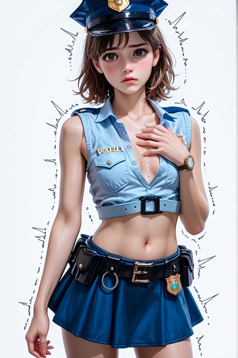  One girl ,Achika Lisa,( viewers:1.0),( slender body:1.2),(Blushed face:1.0),real skin ,small breasts,  shiny hair ,  Super Detailed Black Eyes,( Equipped Police Belt :1.5),( watch ),( frontal shot:1.2),24K,(Standing in a sexy pose:1.2),(Trembling:1.5),(Surprised:0.5),(mini length police skirt:1.2),(rolled up sleeveless police shirt ),Captivating thighs,( unmanned white background in the center of the screen:1.5),(Naturally :1.0),(( real:1.0)),(( realistic :1.0)),((Piece on chest :1.5)),(( cowboy shot:1.5))