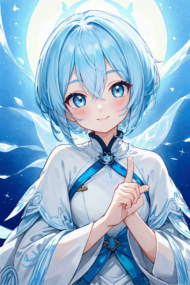 smile、I'm pointing my index finger at my cheek、 light blue hair、Short Hair、whole body、cute、Character portrait