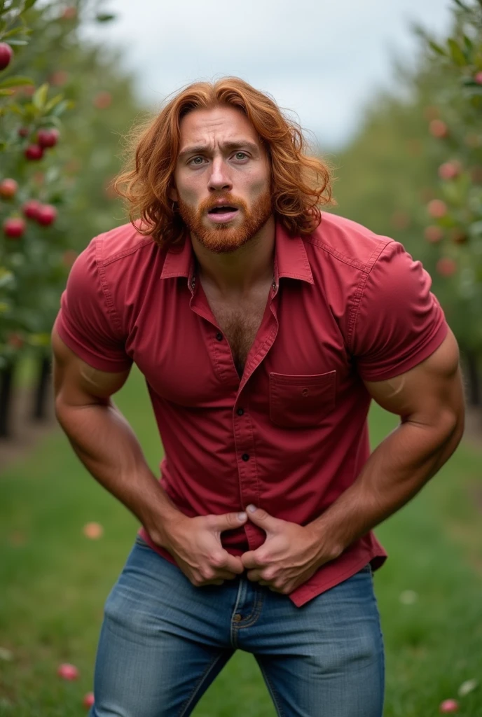 Handsome redheaded men, bare-chested, with muscular bodies, green eyes, smiling, sporting long hair and beards, are exercising in the park.