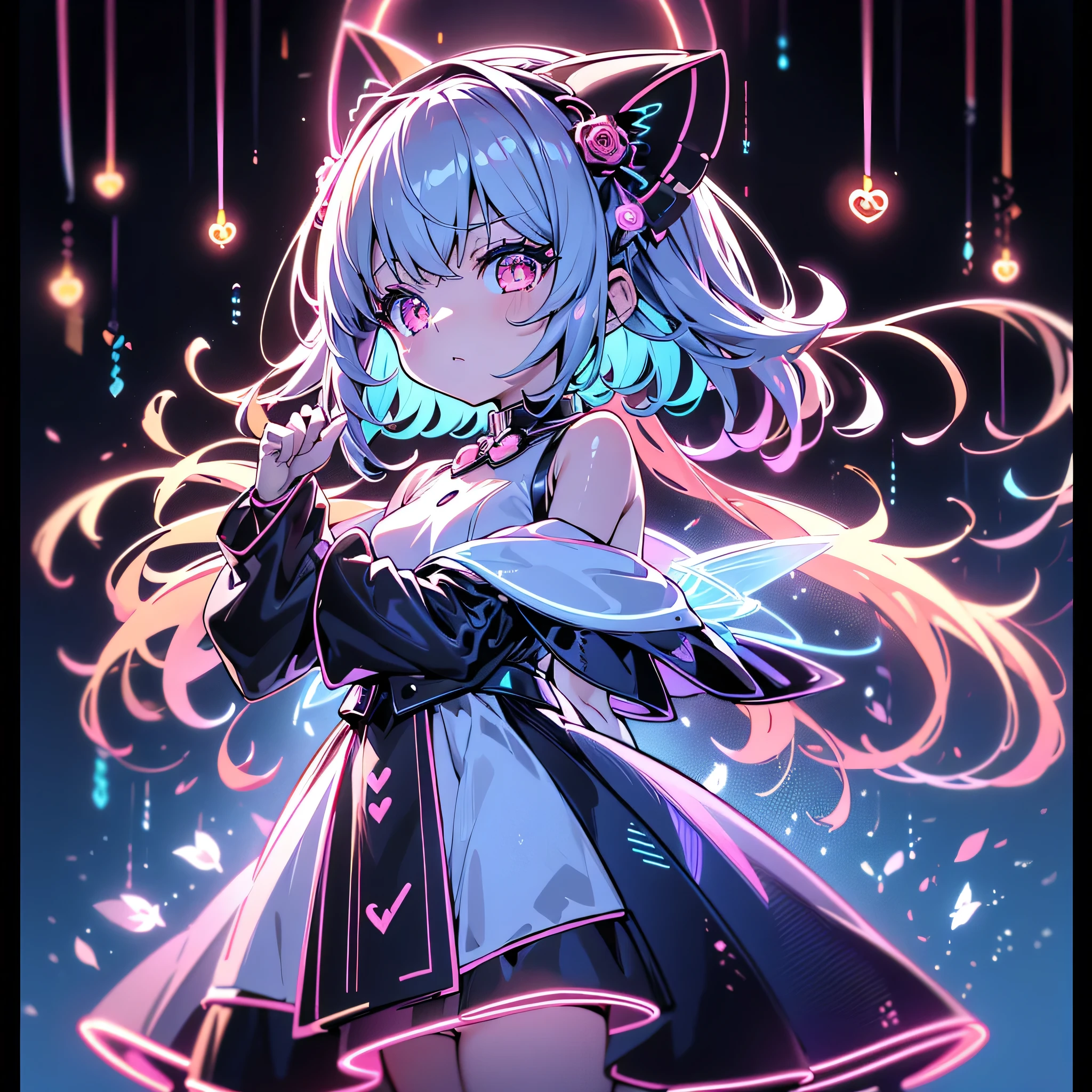 cute、whole body、 holding a huge magic wand 、charming anime poster、dynamic、 One girl , pretty face、baby face、 Absurd、 ((( best combination 、 top quality 、The woman screaming The Greatest Masterpiece 、 Ultra-fine、 super detailed 、HHD)))、 milky white and seven-color gradation hair color 、 is an orange and blue neon color, Gothic Lolita 、 milky way galaxy background ,neon, cyberpunk, top quality , Masterpiece , Absurdな,Ruined castle background 、,Star、Star空、 Milky Way、流Star群、Cybergoth、neon light、whole body立ち絵、neon lightの太い縁取り、 multicolor 、オレンジneon light、The giant size 、 scythe is beautifully decorated 、Fairy wings grow from the waist 、Blue Rose Fractal Art 、Bright red full moon、 Red Light Reflection 、Heart horn 、heart、Big golden bell、cute00d、magic circle background、