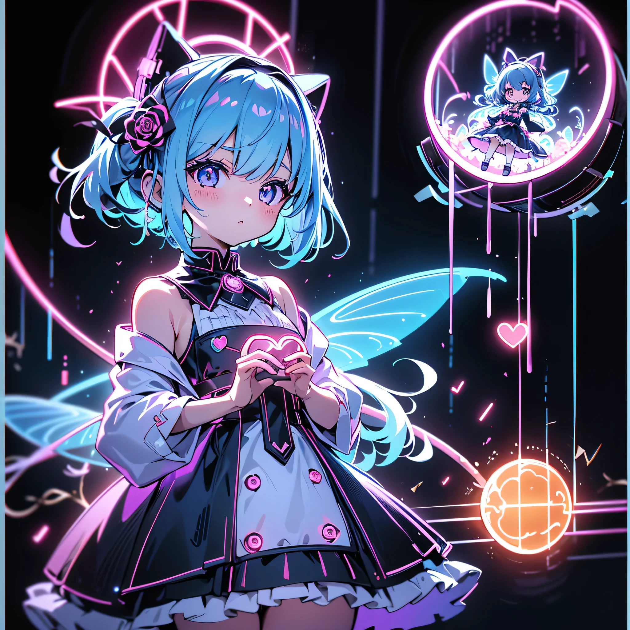 cute、whole body、 holding a huge magic wand 、charming anime poster、dynamic、 One girl , pretty 、babybsurd、 ((( best combination 、 top quality 、The woman screaming The Greatest Masterpiece 、 Ultra-fine、 super detailed 、HHD)))、 milky white and seven-color gradation hair color 、 is an orange and blue neon color, Gothic Lolita 、 milky way galaxy background ,neon, cyberpunk, top quality , Masterpiece , Absurdな,Ruined castle background 、,Star、Star空、 Milky Way、流Star群、Cybergoth、neon light、whole body立ち絵、neon lightの太い縁取り、 multicolor 、オレンジneon light、The giant size 、 scythe is beautifully decorated 、Fairy wings grow from the waist 、Blue Rose Fractal Art 、Bright red full moon、 Red Light Reflection 、Heart horn 、heart、Big golden bell、cute00d、magic circle background、