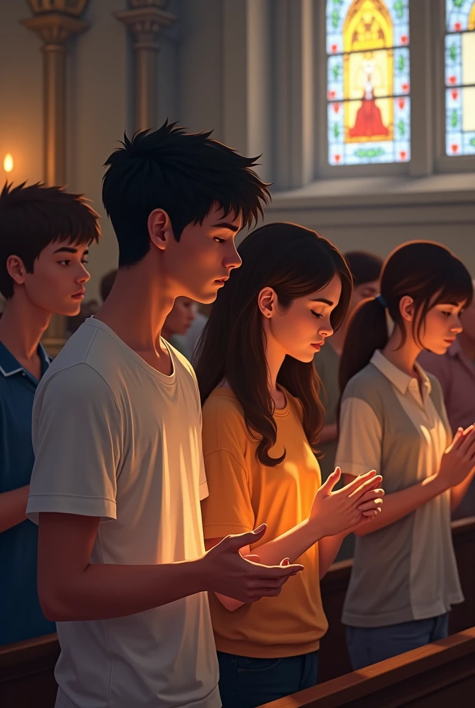 Young people on their knees praying in an evangelical church 