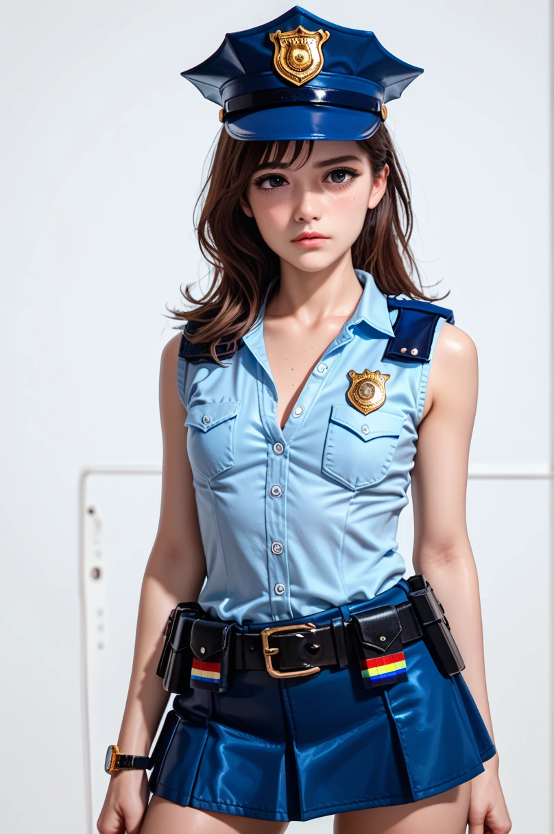  One girl ,Achika Lisa,( viewers:1.0),( slender body:1.2),(Blushed face:1.0),real skin ,small breasts,  shiny hair ,  Super Detailed Black Eyes,( Equipped Police Belt :1.5),( watch ),( frontal shot:1.2),24K,(Standing in a sexy pose:1.2),( Sexy Expression:1.2),(lonely:0.9),(mini length police skirt:1.2),(rolled up sleeveless police shirt ),Captivating thighs,( unmanned white background in the center of the screen:1.5),(Naturally :1.0),(( real:1.0)),(( realistic :1.0)),((Piece on chest :1.5)),(( cowboy shot:1.5))