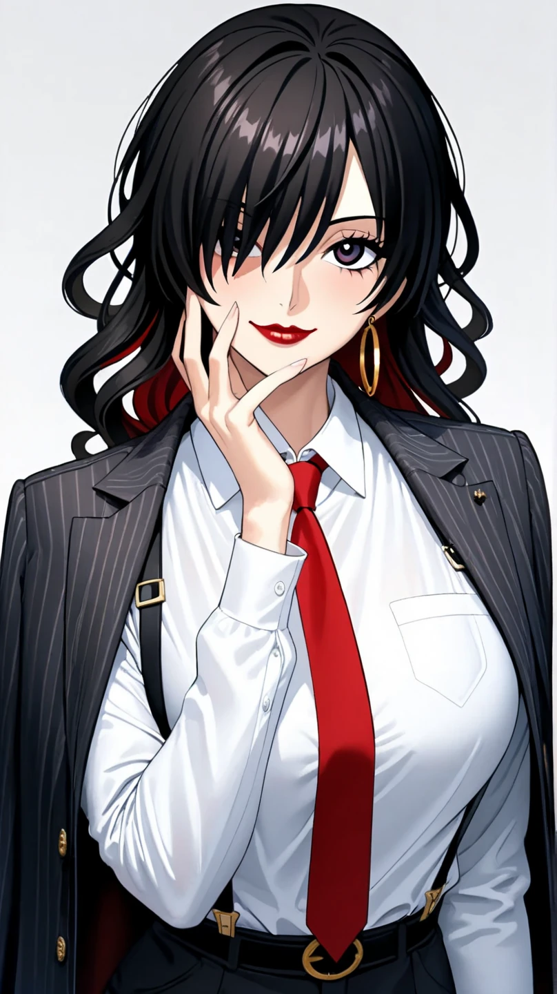 ((masterpiece)), ((high quality)),((ultra-detailed)), ((extremely detailed)),4K,8K, (((one piece))), office lady, pants suit, black pants, ((white collared shirt with suspenders)), red necktie, jacket on shoulders, elegant black pinstripe jacket, elegant belt, 25 years old, a beautiful woman, very tall woman with great style, perfect plump breasts, perfect body, slender body, 1girl, solo, perfect hands, long curly hair, black hair, black pupils, ((inner red hair:1.5)), dark pupils, narrow eyes,perfect face, perfect eyes, black pupils, red lips, red necktie, ((hair over one eye)), hoop earrings, smirk, white plain background, hand on face