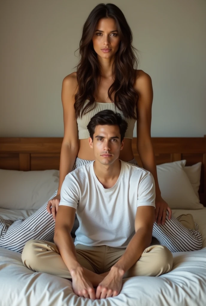 full body sleepy attractive toned man and woman laying back on a bed, gym kit, untidy hair, sun beam in a cosy bedroom