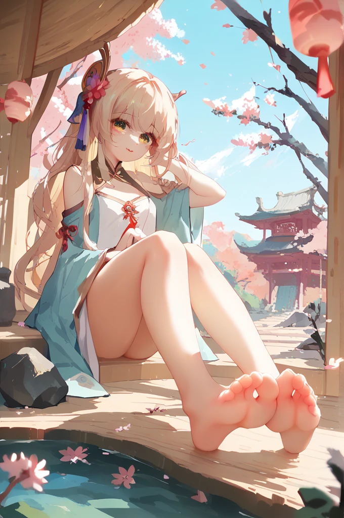 cute sister is in a round straw hut, showing feet soles,  long hair,seductiv feet, Antique Chinese Architectural Accessories,  cherry blossom trees , Meadows, Rock gardens, 