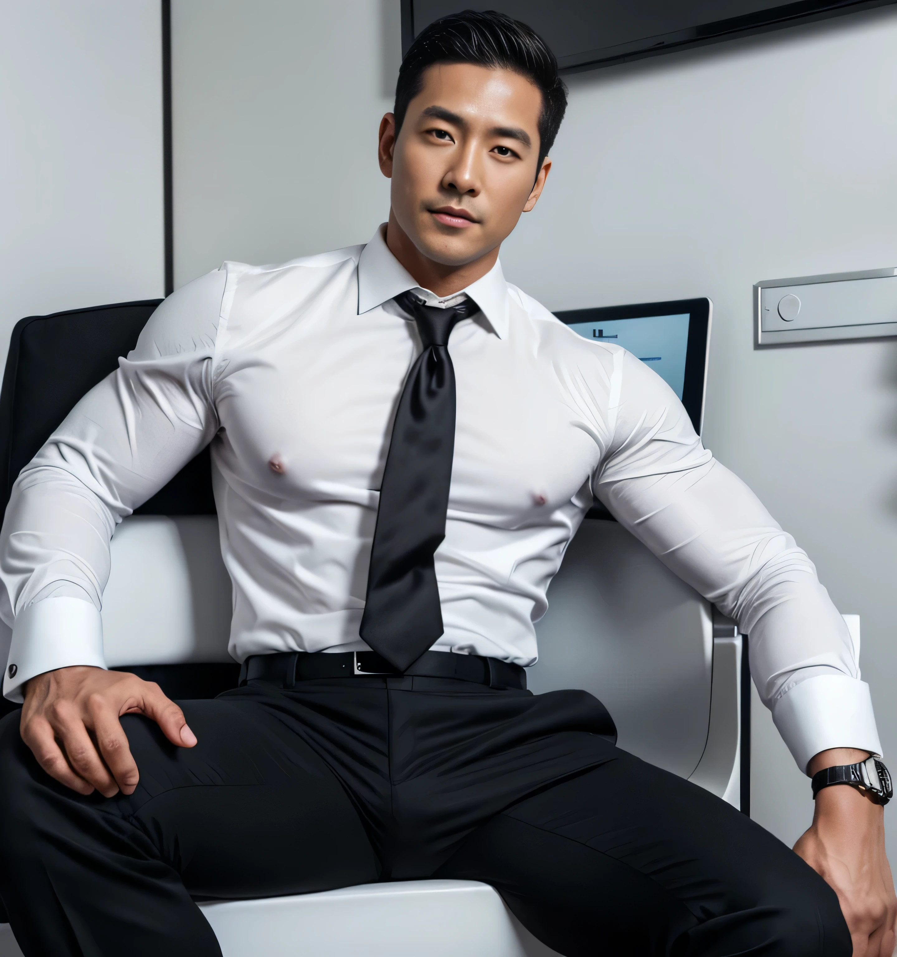 36 years old,daddy,"shiny suit",wear a white long-sleeved shirt and tie.., bodice, very glossy pants, necktie, shiny satin trousers,dark gray satin fabric ,Dad sit down on the sofa,  k hd,in the office,"big muscle" ,black hair,asia face,masculine,strong man,the boss is,handsome,lecherous dad,look straight ahead,dad is handsome,dad is handsome, dad is "horny daddy",asian,sperm,sexy,black pants, masculine hairstyle,masterpiece