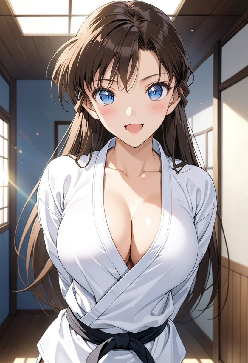 masterpiece, Best Quality, High resolution,16k,official art,super detailed skin,detailed,animated painting,Anime-style painting style, 1990s \(style\),(F cup beautiful breasts)、clevage,25years old, (tall:1.2),height: 175cm,Fashion model body type, mouri ran, 1girl, solo,brown hair, blue eyes, long hair, open mouth, breasts,medium breasts, lens flare,white karate uniform,(mouri ran:1.3),sexy, provocative smile ,blush,shy, looking at viewer,in the dojo,superfine, 