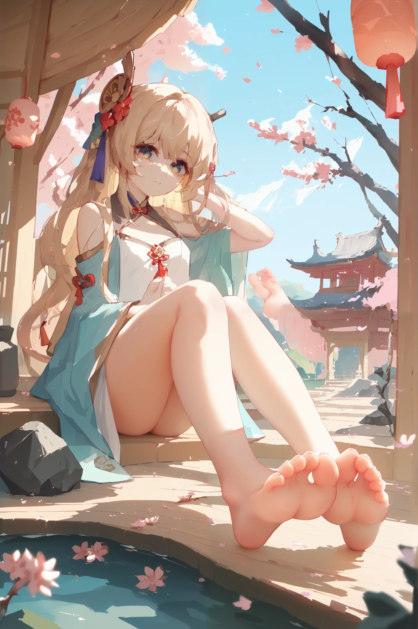 cute sister is in a round straw hut, showing feet soles,  long hair,seductiv feet, Antique Chinese Architectural Accessories,  cherry blossom trees , Meadows, Rock gardens, 