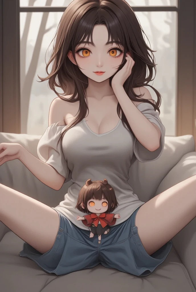 A woman dozing off on the sofa, a cute little demon sitting on her chest and waving with a smile, cute dream-like illustration art, ultra detailed, absolutely resolution, masterpiece