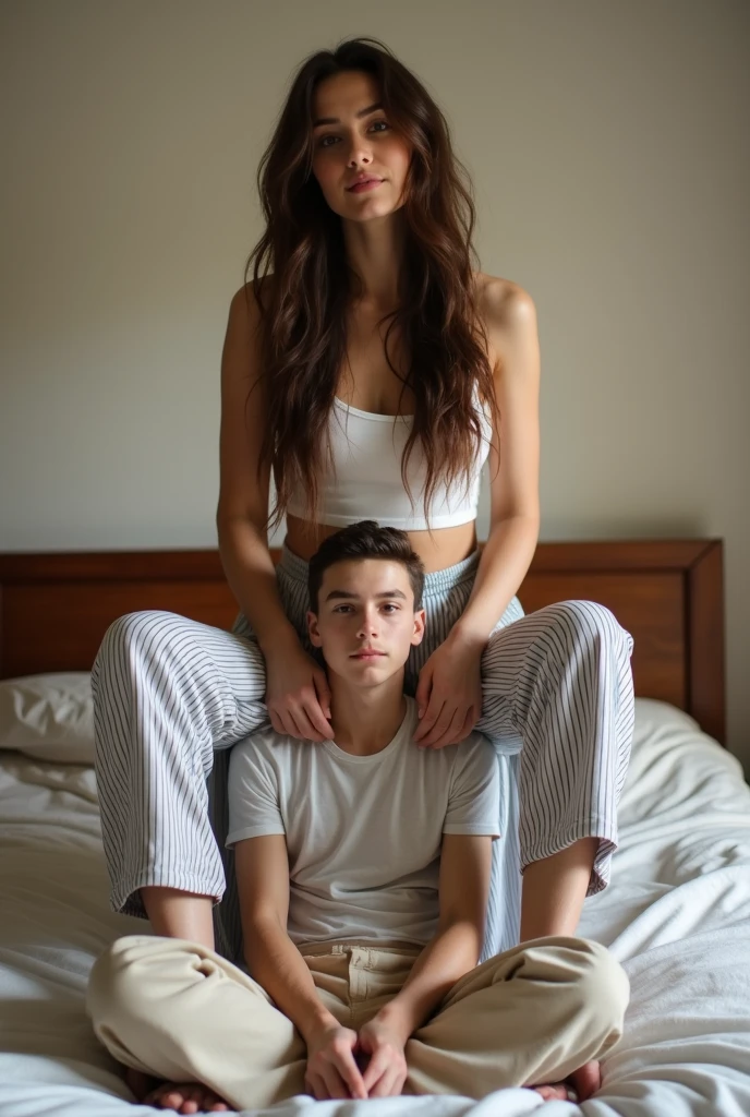 Casual Family photo of , an older brown hair dashing husband with arm tattoo with 5 o'clock beard, with his brunete wife (wrinkle), their baby daughter, in their bed wearing pajamas at night, smiling at the  camera
