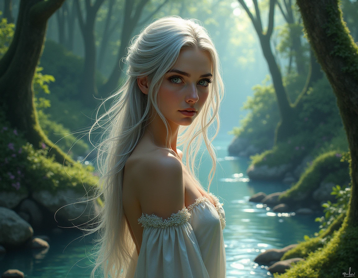 (tmasterpiece, hiquality, beste-Qualit, official arts, Beautiful and aesthetically pleasing:1.2), (a 1girl), Picture from below, Extremely detailed, As detailed as possible, large natural breast, Very large green eyes, faint smile, Developing hair, A shot between the hair, (high skin detail:1.2), (High facial detail:1.4), (Very long white hair:1.2), (((cinematic)))