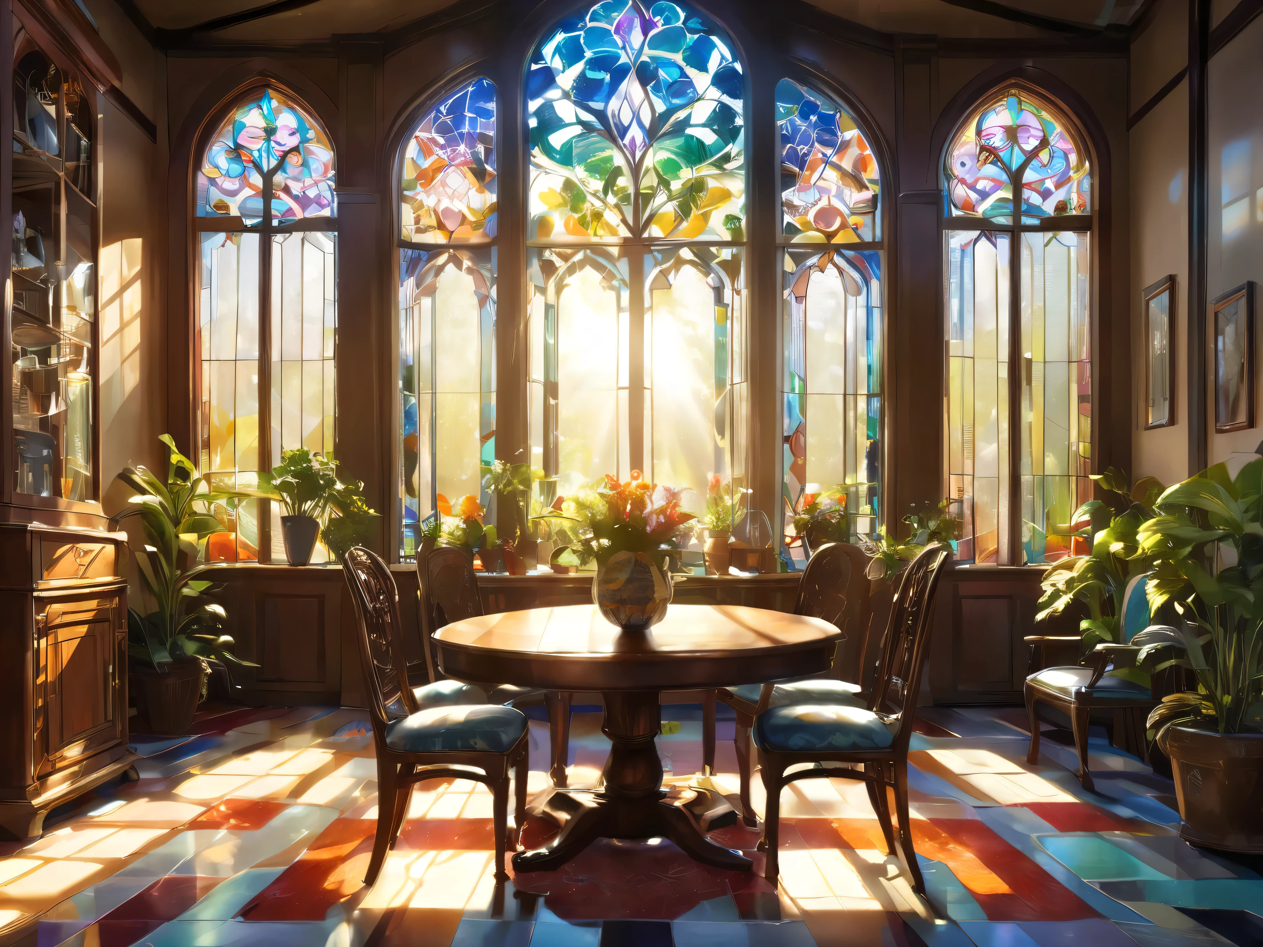 Sure! Here is the English prompt for generating the image:

Prompt:
"A high-quality stained-glass style design depicting a bright and elegant Western-style mansion room bathed in sunlight. The sunlight streams through large, intricate stained-glass windows, casting colorful patterns on the floor and walls. Inside the room, people are gathered, enjoying lively conversation while holding cups of coffee. The atmosphere is warm, cheerful, and inviting, with intricate details in the furnishings, such as vintage chairs, a polished wooden table, and lush indoor plants. The light and shadows interplay beautifully, emphasizing the vibrant colors and the joyous mood of the scene."

